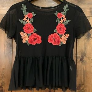 Sheer Embroidered Peplum Blouse